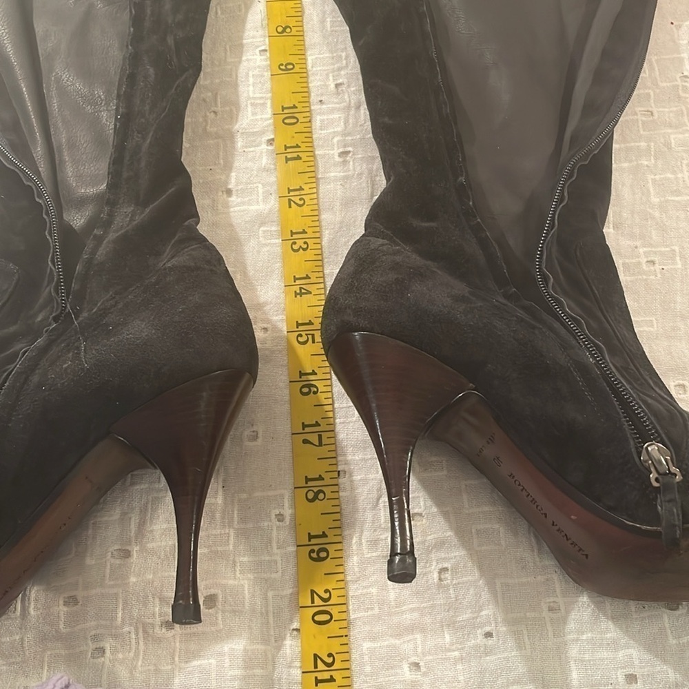 BOTTEGA VENETA Black Soft Suede Thin Heel Side Zippered Whip Stitch Tall Boots - Picture 12 of 16